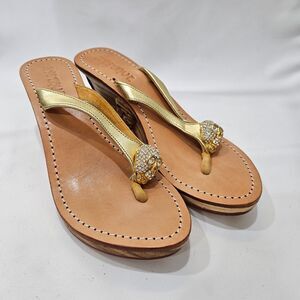Mystique Womens Jewel Skull Carved Leather Wedge Sandals Size 8 Gold Embellished